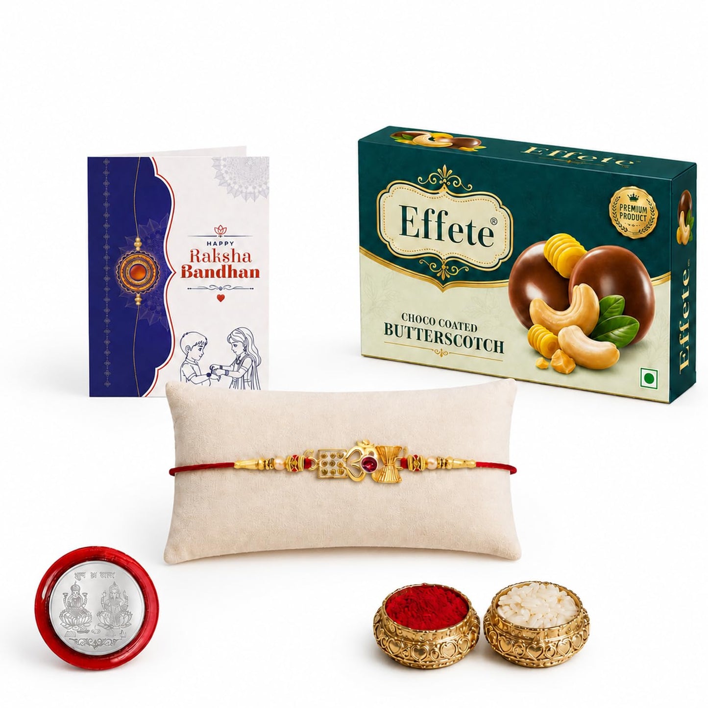 Designer Rakhi for Brother with Butter Scotch 32gm, Roli Chawal & Card, Pack of 5