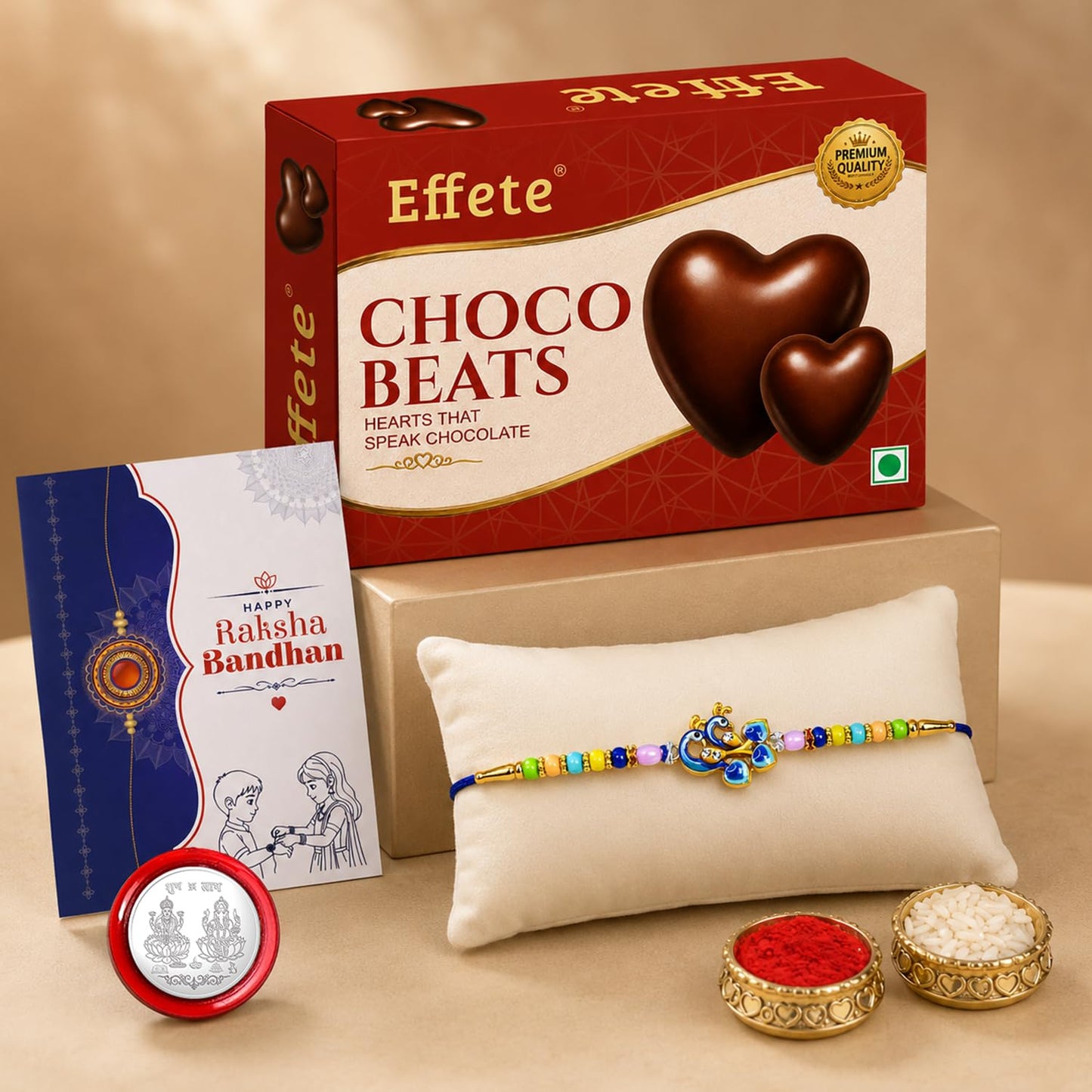 Peacock Rakhi for Brother with Chocolate Beats 32gm, Roli Tikka & Card, Pack of 5