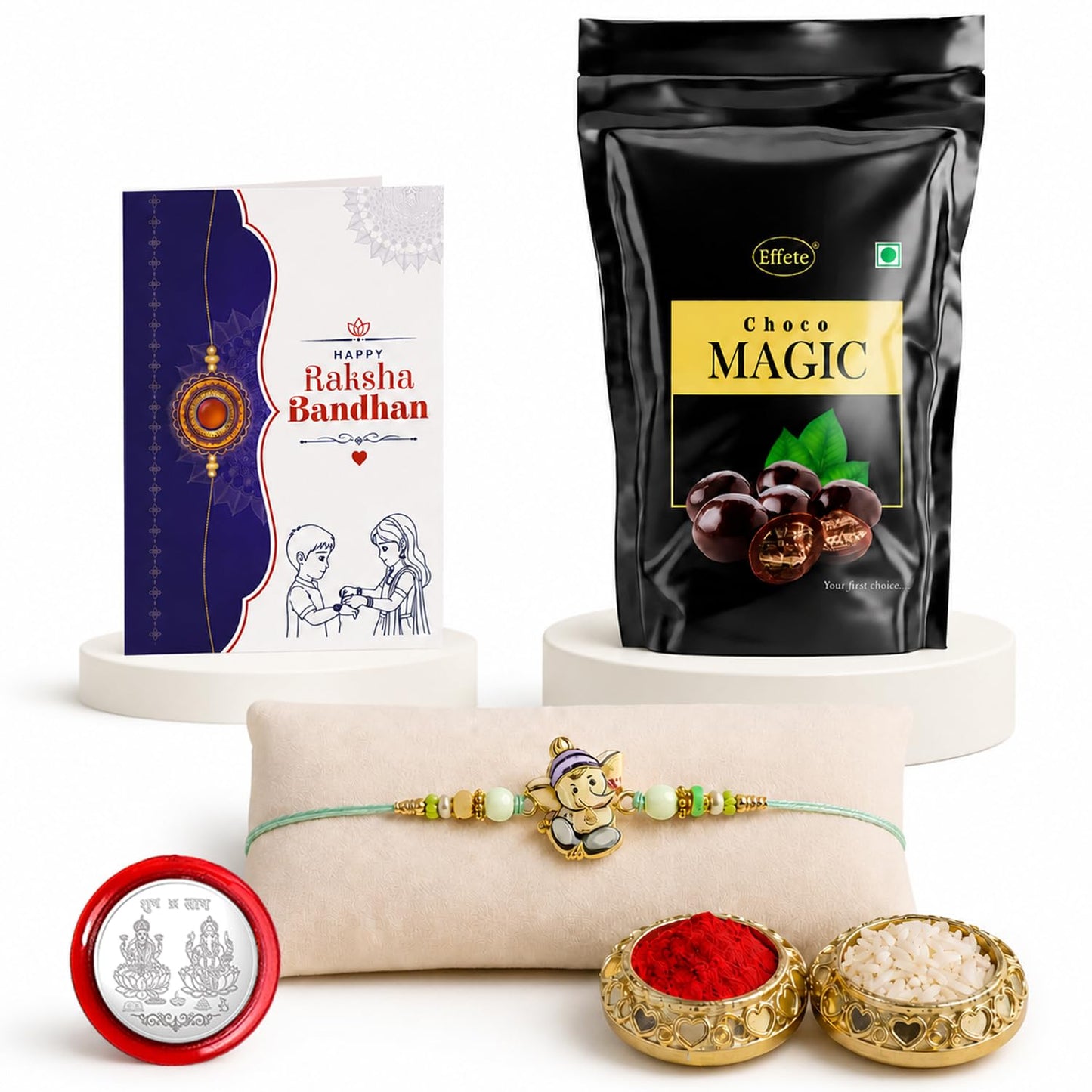 Ganesha Rakhi for Brother with Choco Magic Pouch, Roli Tikka & Card, Pack of 5