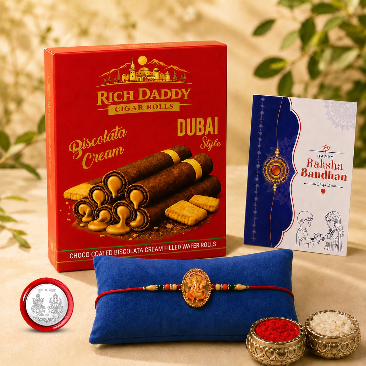 Ganesha Rakhi for Brother with Biscolata Wafer Rolls, Coin & Card, Pack of 5