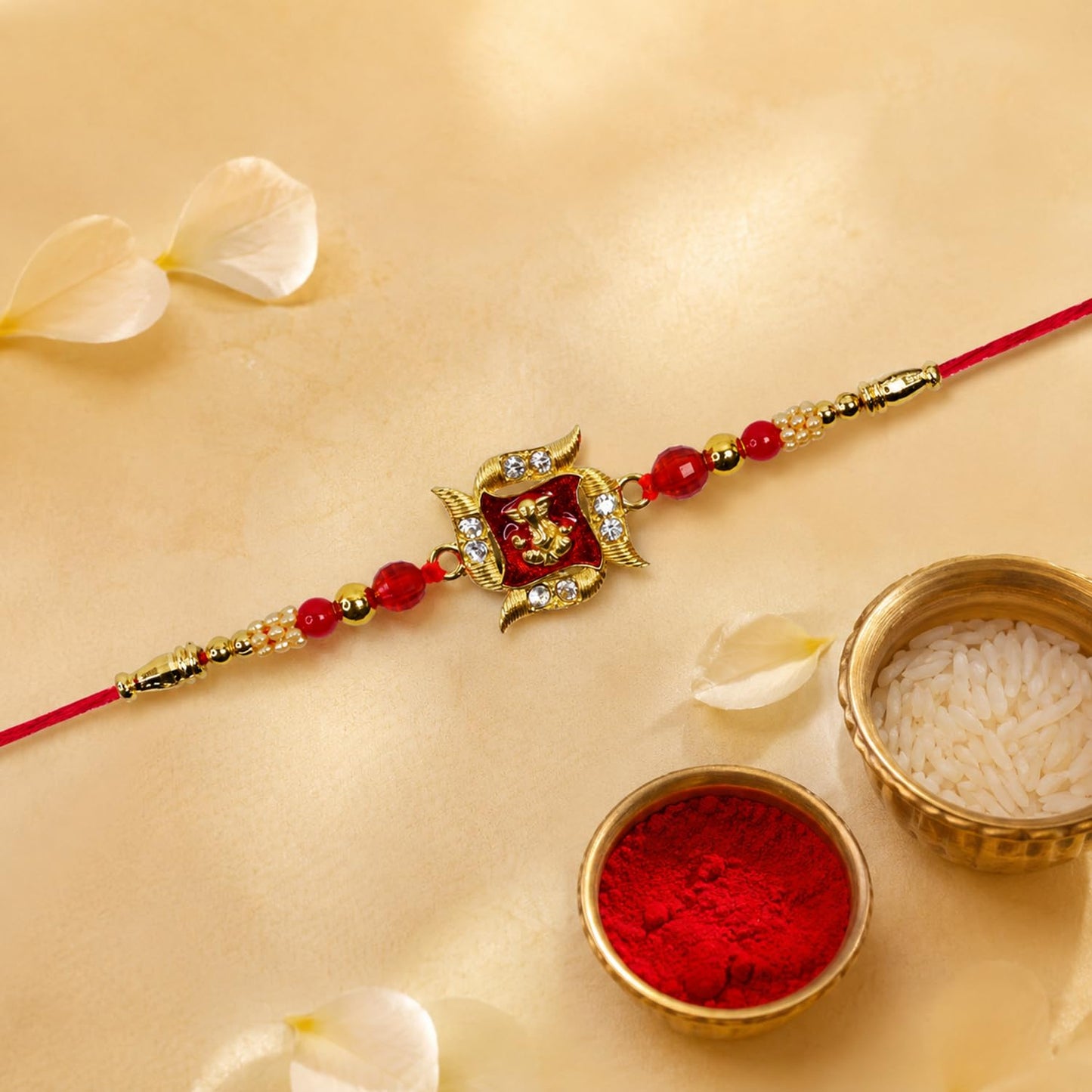 Ganesha Rakhi for Brother with Butter Scotch 96gm, Roli Tikka & Card, Pack of 5