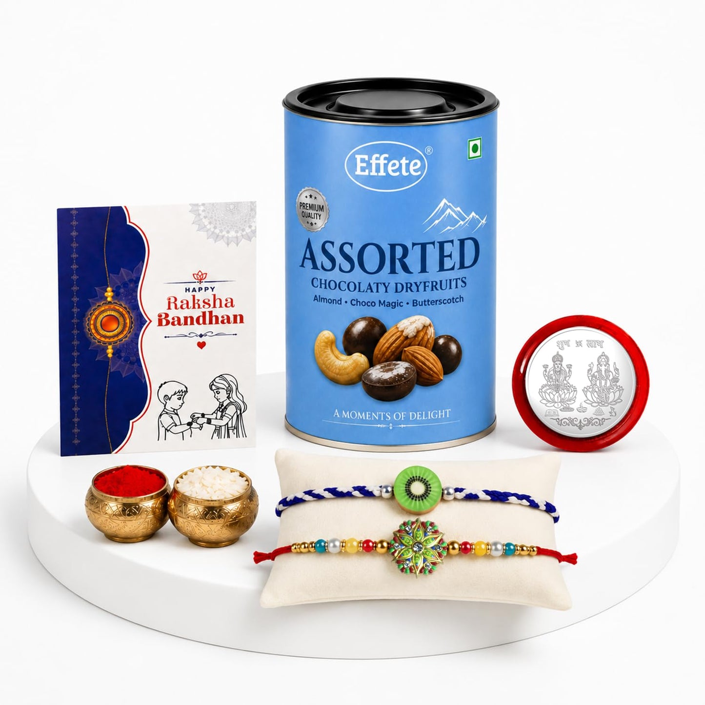 Kiwi Rakhi for Brother with Choco Dryfruits 96gm, Roli Tikka & Card, Pack of 6