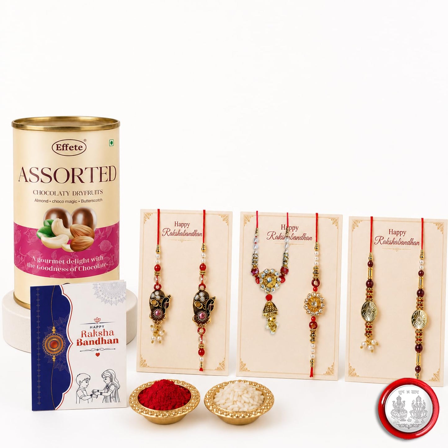 Designer Rakhi for Brother with Emperor Chocolate, Roli Tikka & Card, Pack of 7