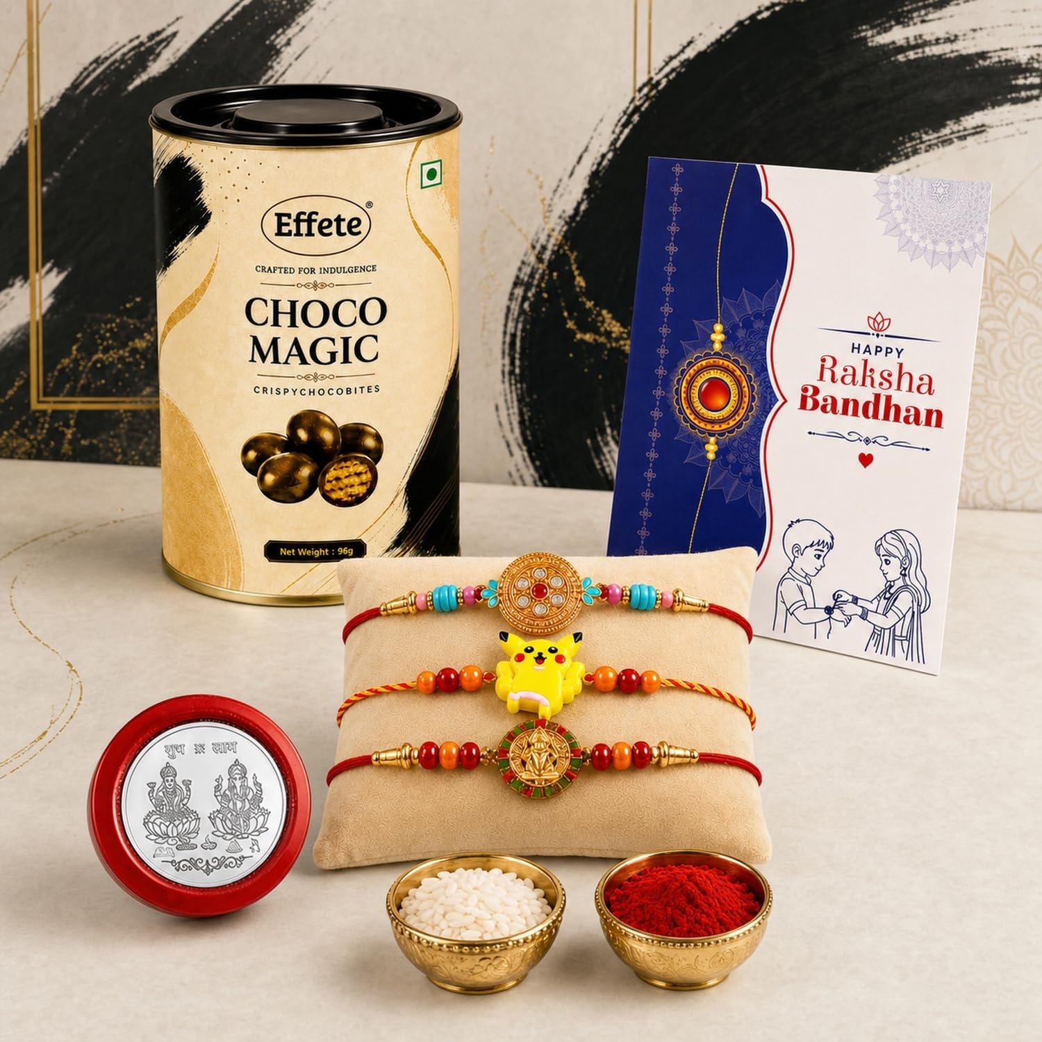 Ganesha Rakhi for Brother with Chocolate Magic 96gm, Roli Tikka & Card, Pack of 7