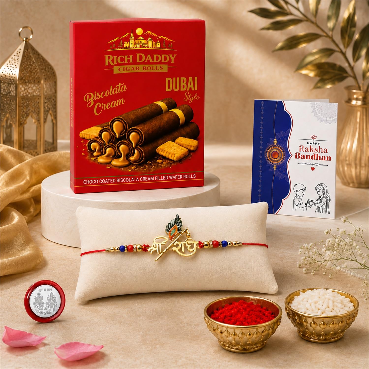 Shree Radhe Rakhi for Brother with Biscolata Wafer Rolls, Coin & Card, Pack of 5