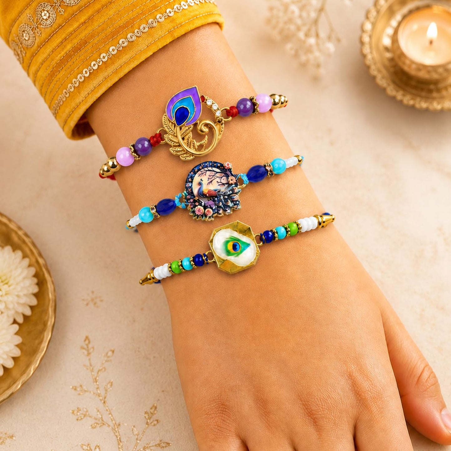 Designer Charming Multicolor Peacock Rakhi for Brother with Roli Tikka, Pack of 6