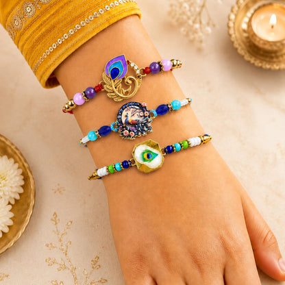 Designer Charming Multicolor Peacock Rakhi for Brother with Roli Tikka, Pack of 6