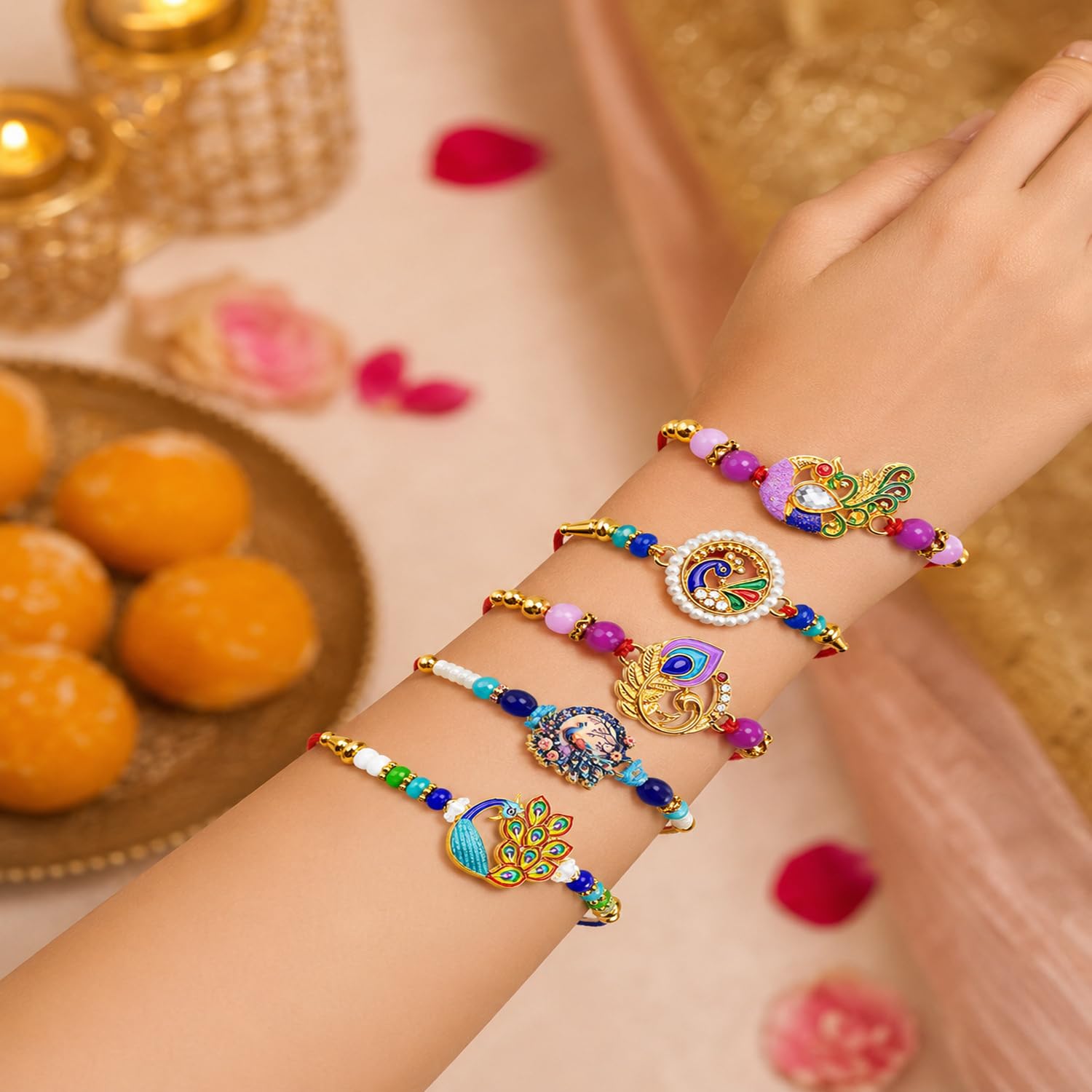 Stylish Auspicious Rakhi for Brother with Roli Tikka & Greeting Card, Pack of 8