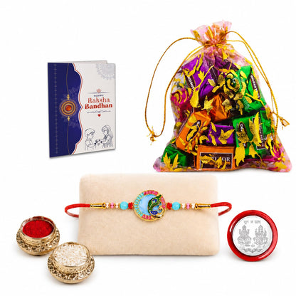Peacock Rakhi for Brother with Assorted Treats, Roli Tikka & Card, Pack of 5