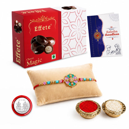 Flower Rakhi for Brother with Chocolate Magic 32gm, Roli Tikka & Card, Pack of 5