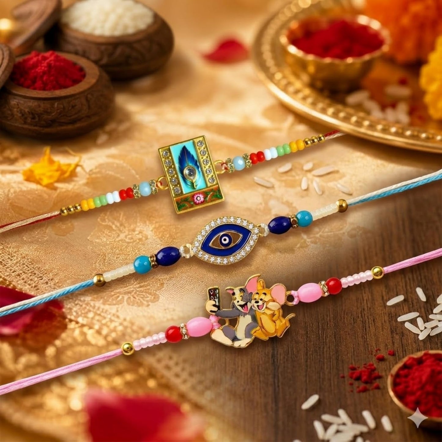 Cartoon Charm Rakhi for Brother with Choco Almonds 32gm, Coin & Card, Pack of 7