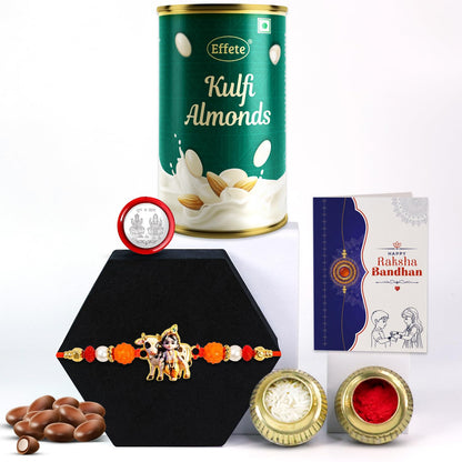 Rakhi with Chocolate for Brother – Raksha Bandhan Combo with Rakhi, Chocolate, Roli Chawal, Silver Color Coin & Greeting Card for Brother – Traditional Festival Celebration Set (Pack of 5)