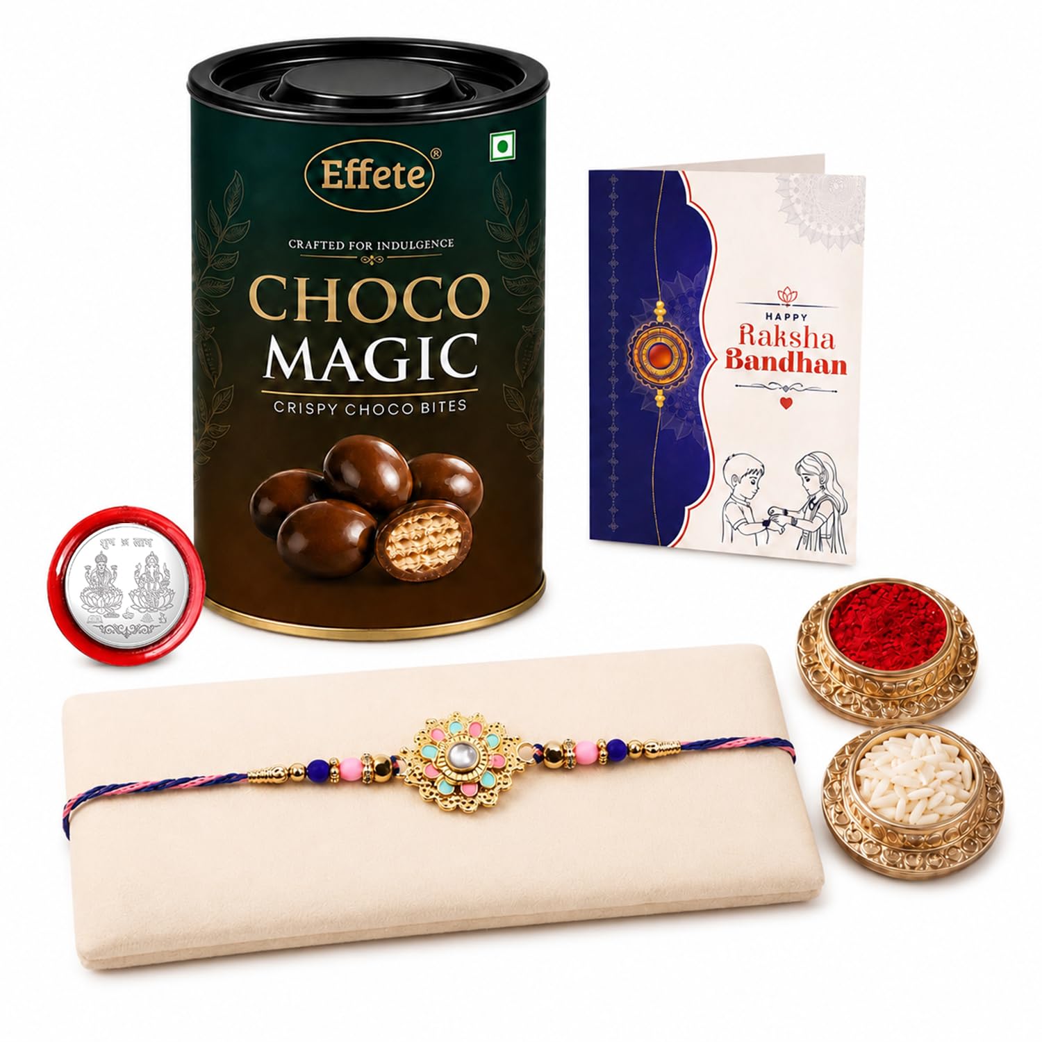 Multicolor Flower Rakhi & Chocolate Magic 96gm with Roli Chawal, Silver Color Pooja Coin & Greeting Card, Rakhi with chocolate, Rakshbandhan Combo, Pack of 5 For Raksha Bandhan