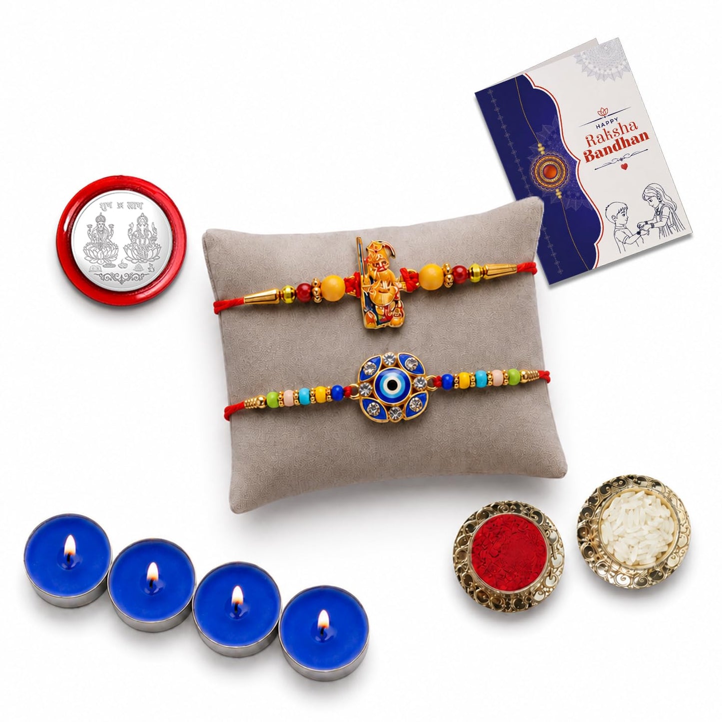 Ganesha, Evil Eye Rakhi Combo - Raksha Bandhan Gift with Tealight Candles 4pcs, Pack of 6
