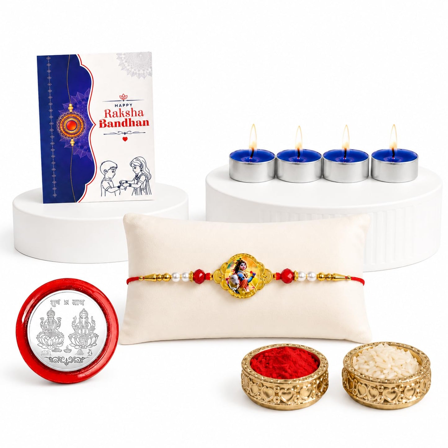 Krishna Rakhi for Brother with Candles 4pcs, Roli Tikka & Card, Pack of 5