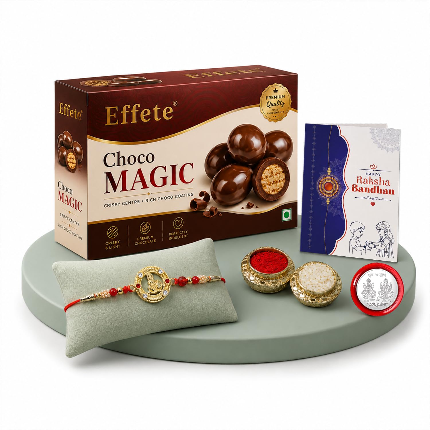 Om Rakhi for Brother with Choco Magic 96gm, Roli Tikka & Card, Pack of 5 | Trendy