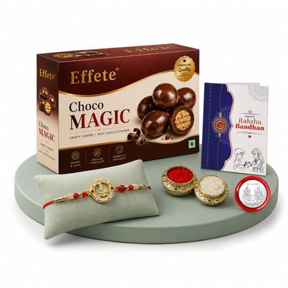 Om Rakhi for Brother with Choco Magic 96gm, Roli Tikka & Card, Pack of 5 | Trendy
