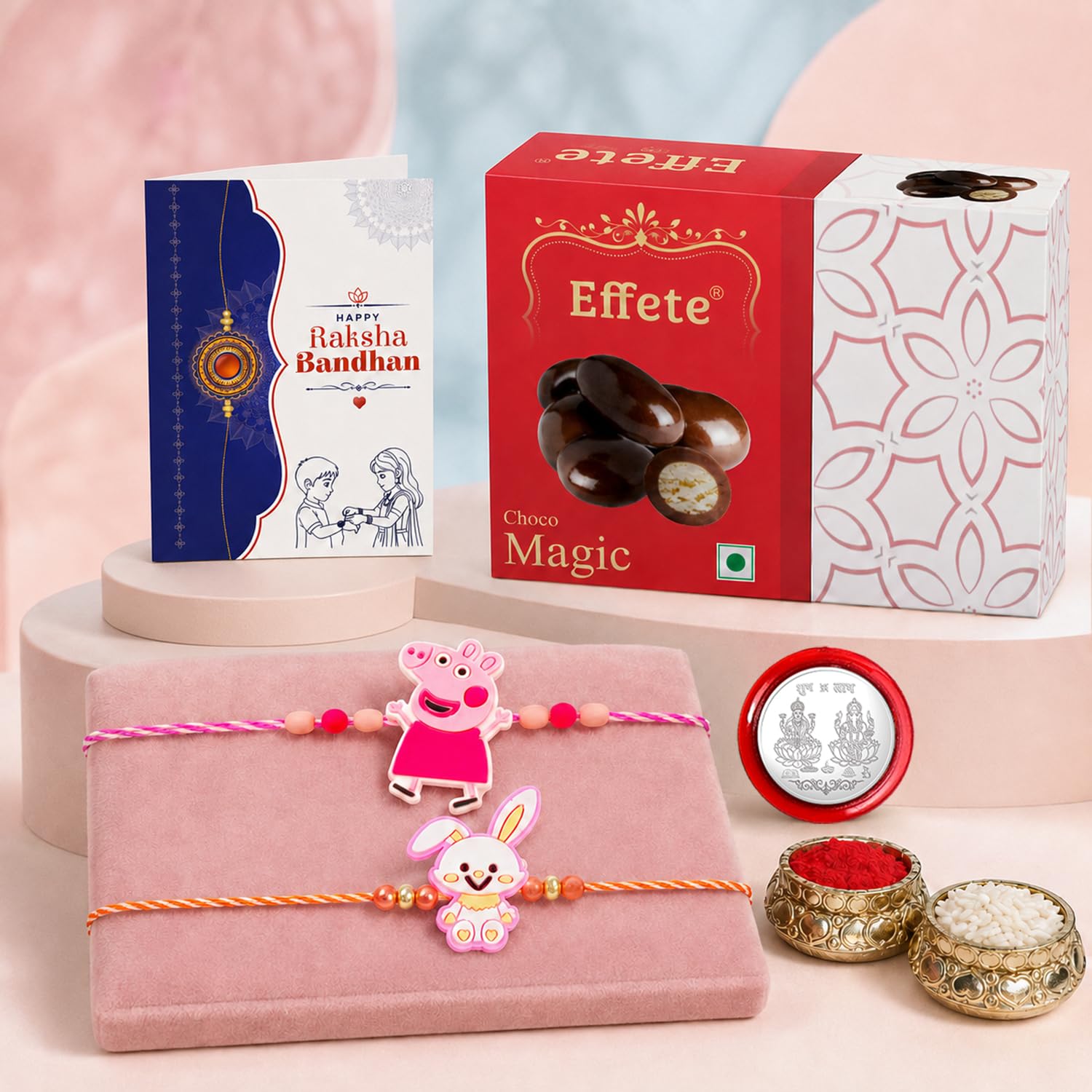 Peppa Pig Rakhi for Brother with Choco Magic 32gm, Roli Tikka & Card, Pack of 6