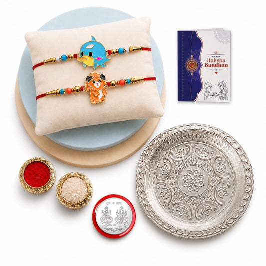 Multicolor Rakhi for Brother & Bhaiya with Silver Color Pooja Thali | Pack of 6