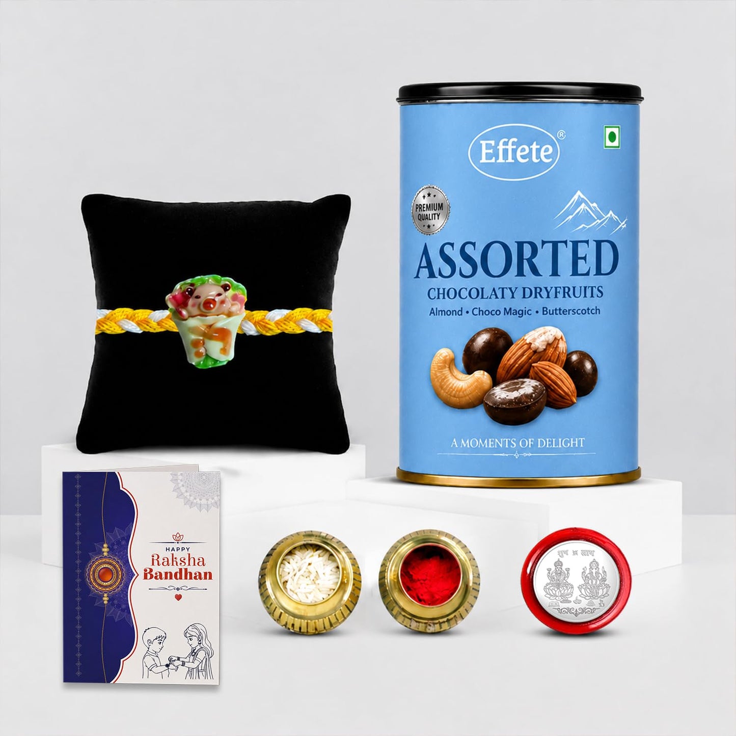 Clay Doll Rakhi for Brother with Choco Dryfruits 96gm, Coin & Card, Pack of 5