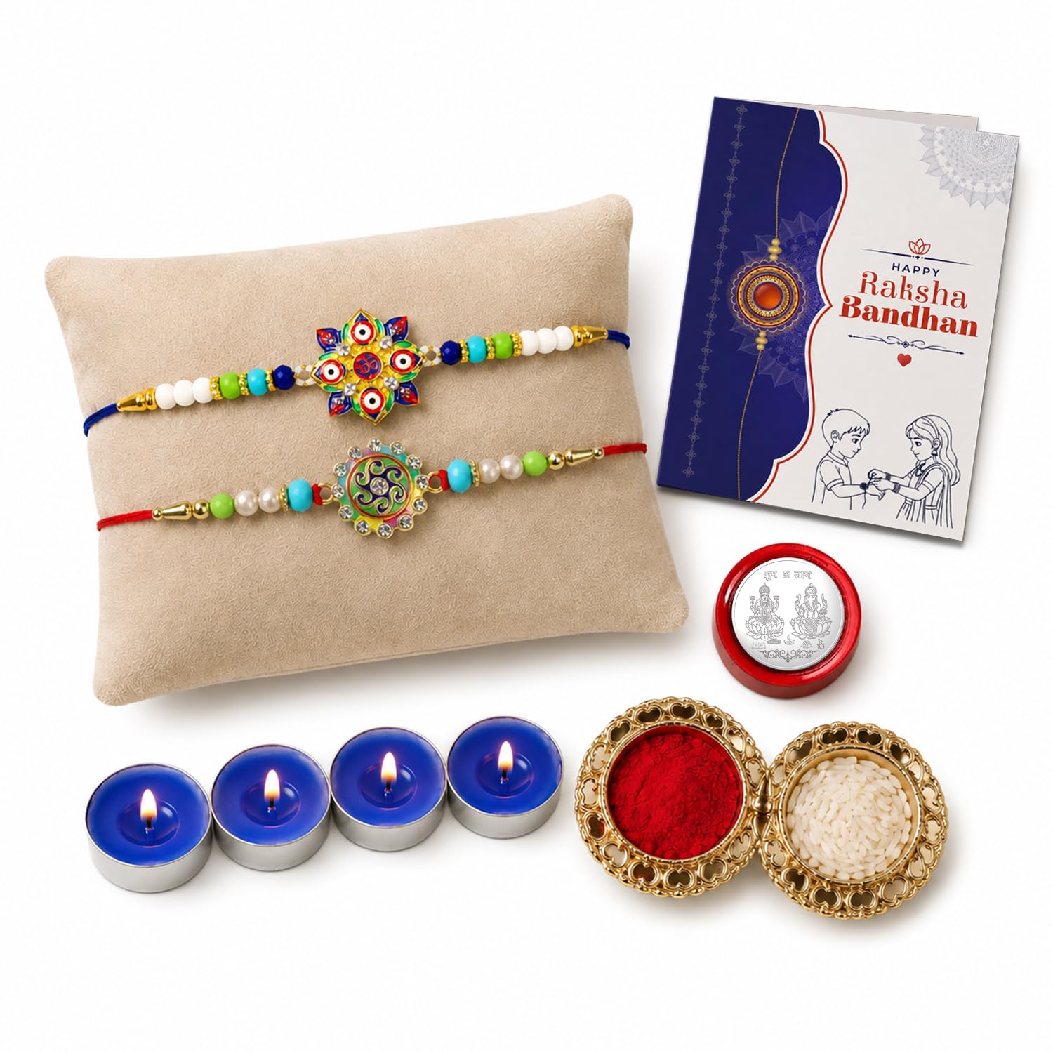 Evil Eye, OM Rakhi Combo - Raksha Bandhan Gift with Tealight Candles 4pcs, Pack of 6