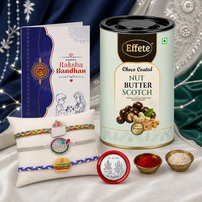 Burger Rakhi for Brother with Butter Scotch 96gm, Roli Tikka & Card, Pack of 7