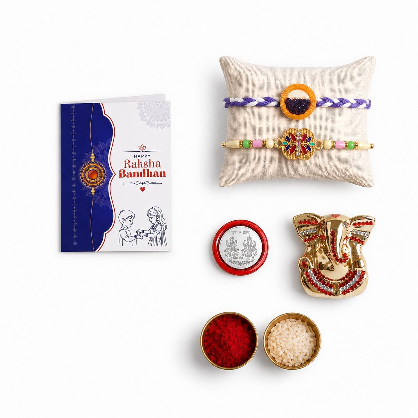 Rakhi for Bhai – Ganesh Idol Rakhi | Silver Coin, Roli Chawal Gift Combo (Pack of 4) For Raksha Bandhan