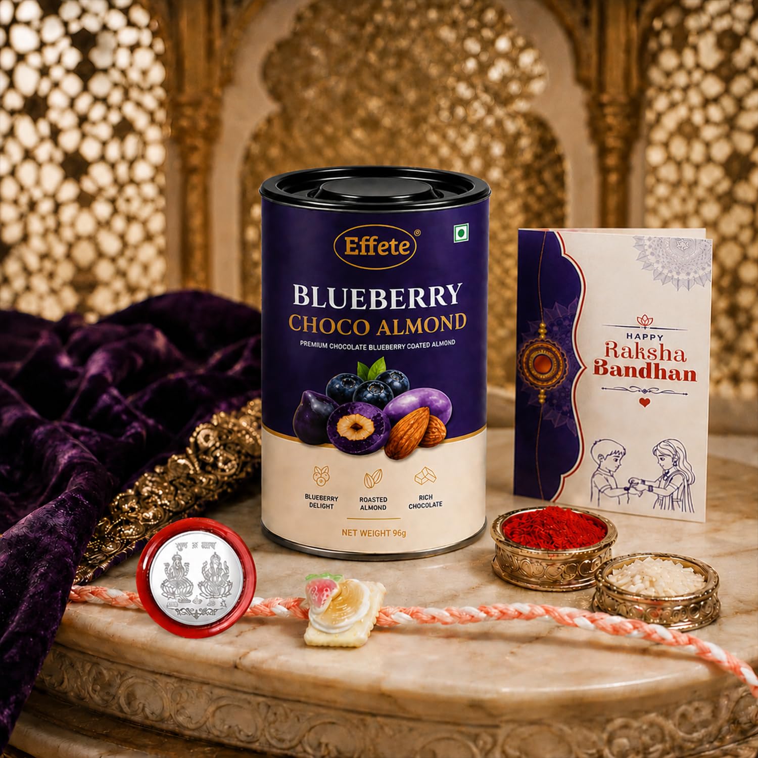 Food Rakhi for Brother with Blueberry Almond 96gm, Roli Tikka & Card, Pack of 5