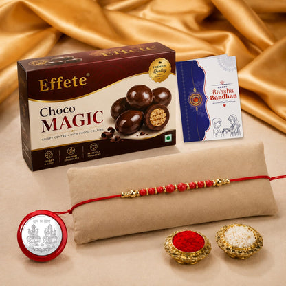Designer Rakhi for Brother with Choco Magic 32gm, Roli Chawal & Card, Pack of 5