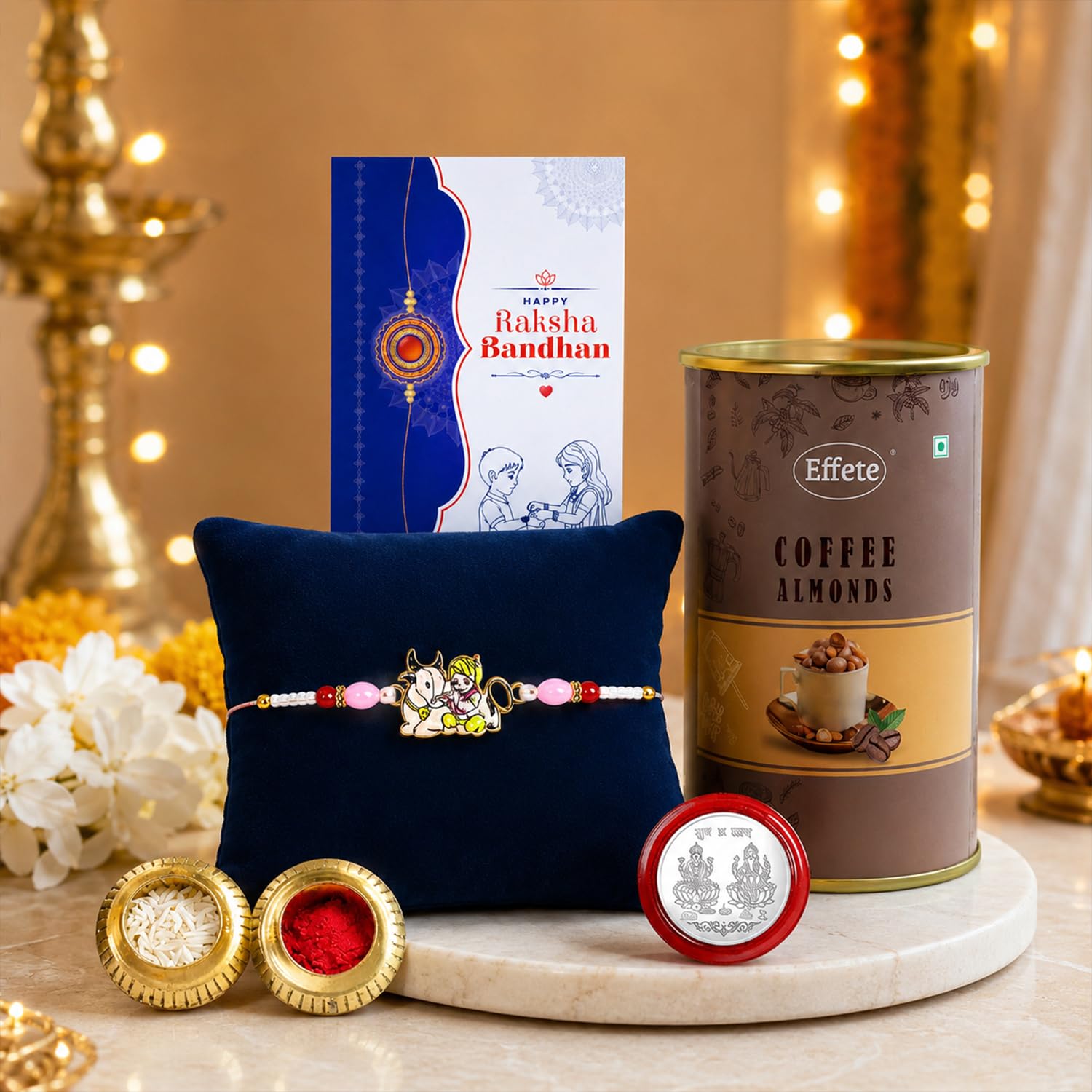 Traditional Gift Pack Rakhi for Brother with Coffee Almond 96gm, Pack of 5