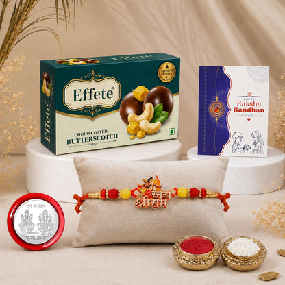 Shri Ram Rakhi for Brother with Butter Scotch 32gm, Roli Tikka & Card, Pack of 5