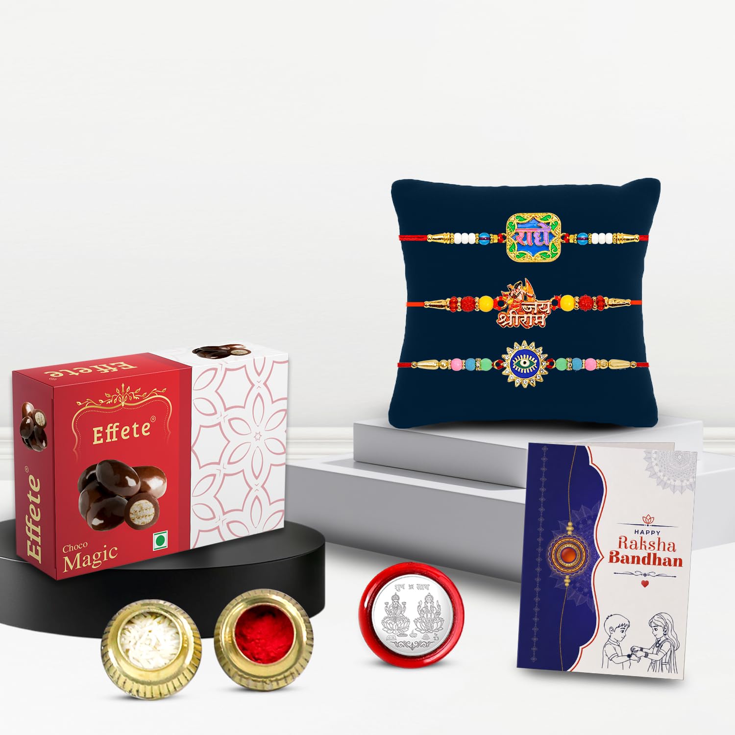 Blessing Rakhi for Brother with Choco Magic 32gm, Roli Tikka & Card, Pack of 7