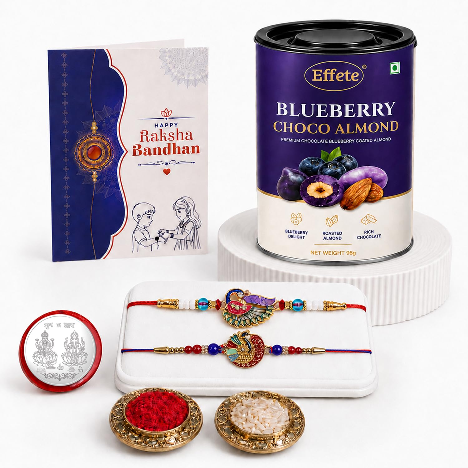 Rakhi with Chocolate for Brother (Set of 6) – Raksha Bandhan Festival Celebration Combo with Multicolor Peacock Design Rakhi 2 Pc, Chocolate, Roli Chawal, Silver Color Coin & Greeting Card