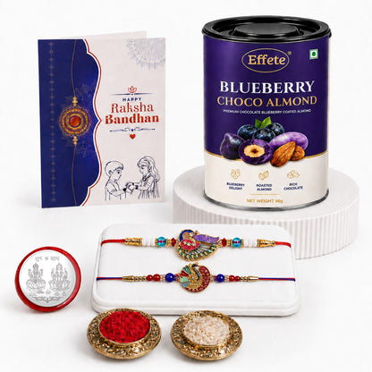 Rakhi with Chocolate for Brother (Set of 6) – Raksha Bandhan Festival Celebration Combo with Multicolor Peacock Design Rakhi 2 Pc, Chocolate, Roli Chawal, Silver Color Coin & Greeting Card