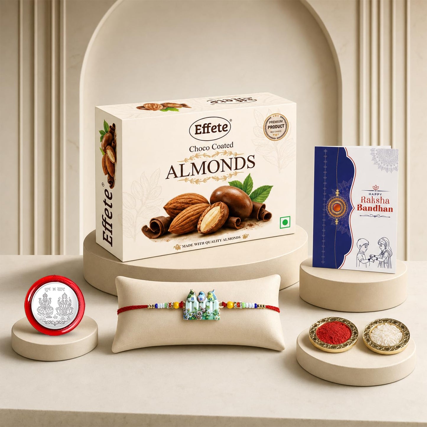 Bird Bro Rakhi for Brother with Choco Almonds 32gm, Roli Tikka & Card, Pack of 5