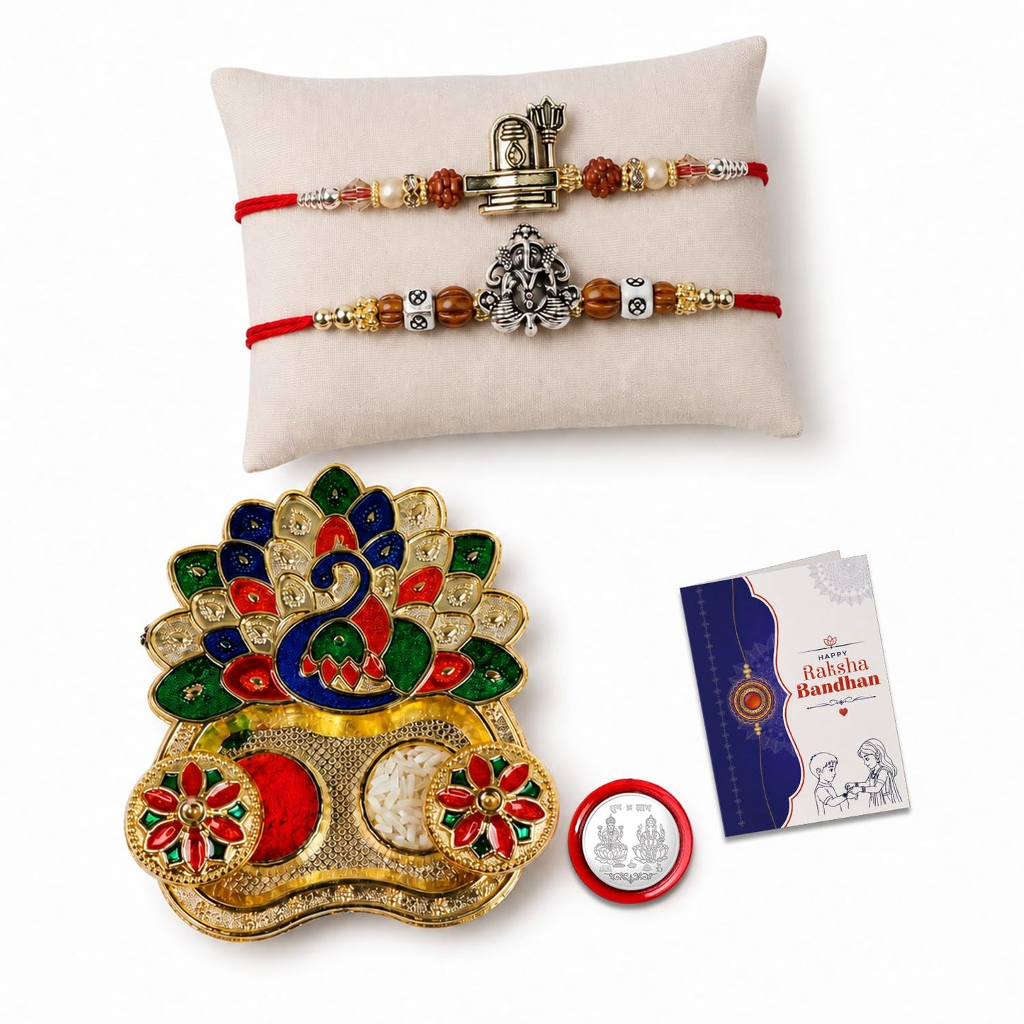 Multicolor Shivling, Ganesha Bracelet/Rakhi & Peacock Shape Pooja Thali with Silver Color Pooja Coin, Tikka/Tilak Set & Greeting Card, Rakhi Gift Hamper (Pack of 6) For Raksha Bandhan