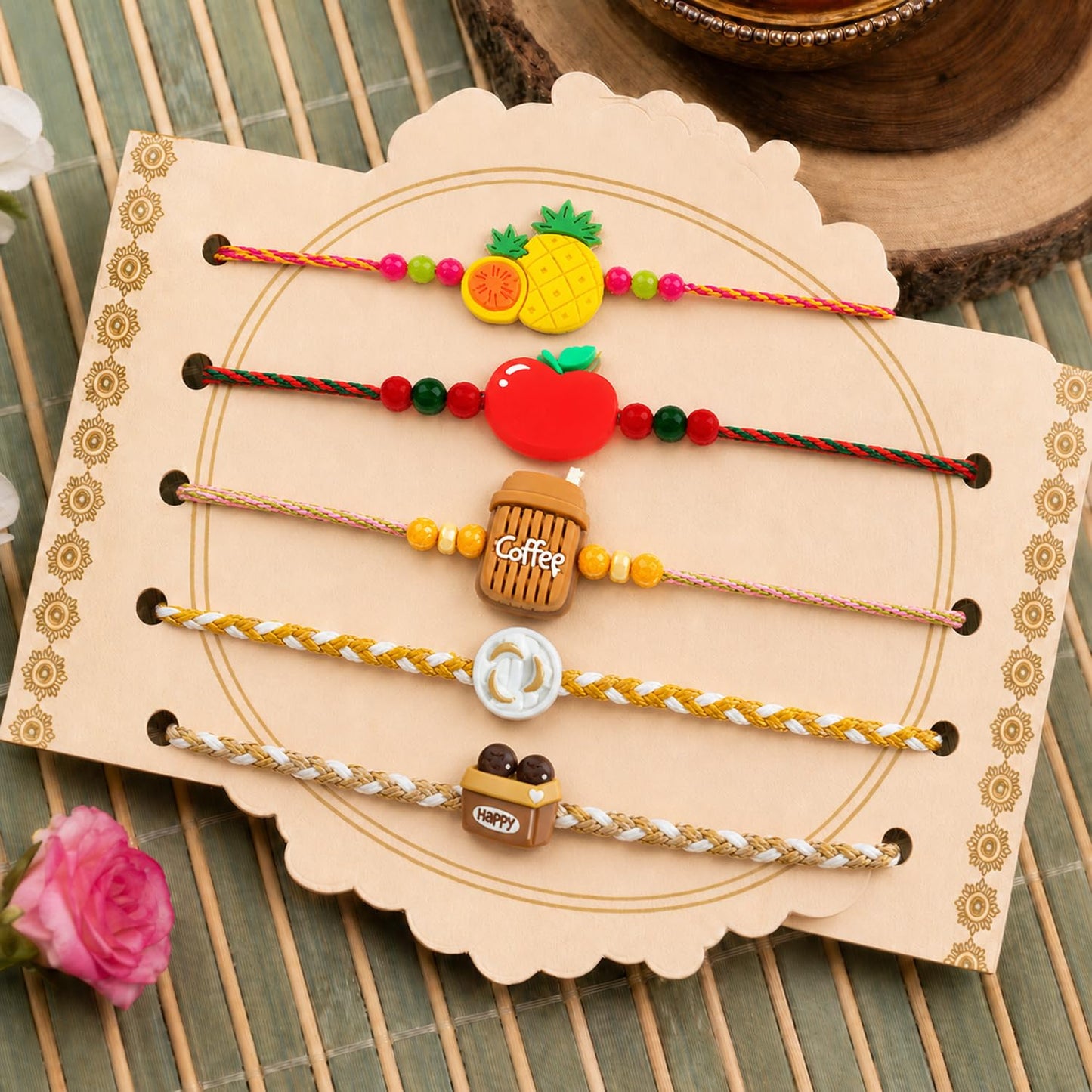 Trendy Vibrant Rakhi for Brother with Roli Tikka, Pooja Coin & Card, Pack of 8