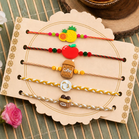 Trendy Vibrant Rakhi for Brother with Roli Tikka, Pooja Coin & Card, Pack of 8