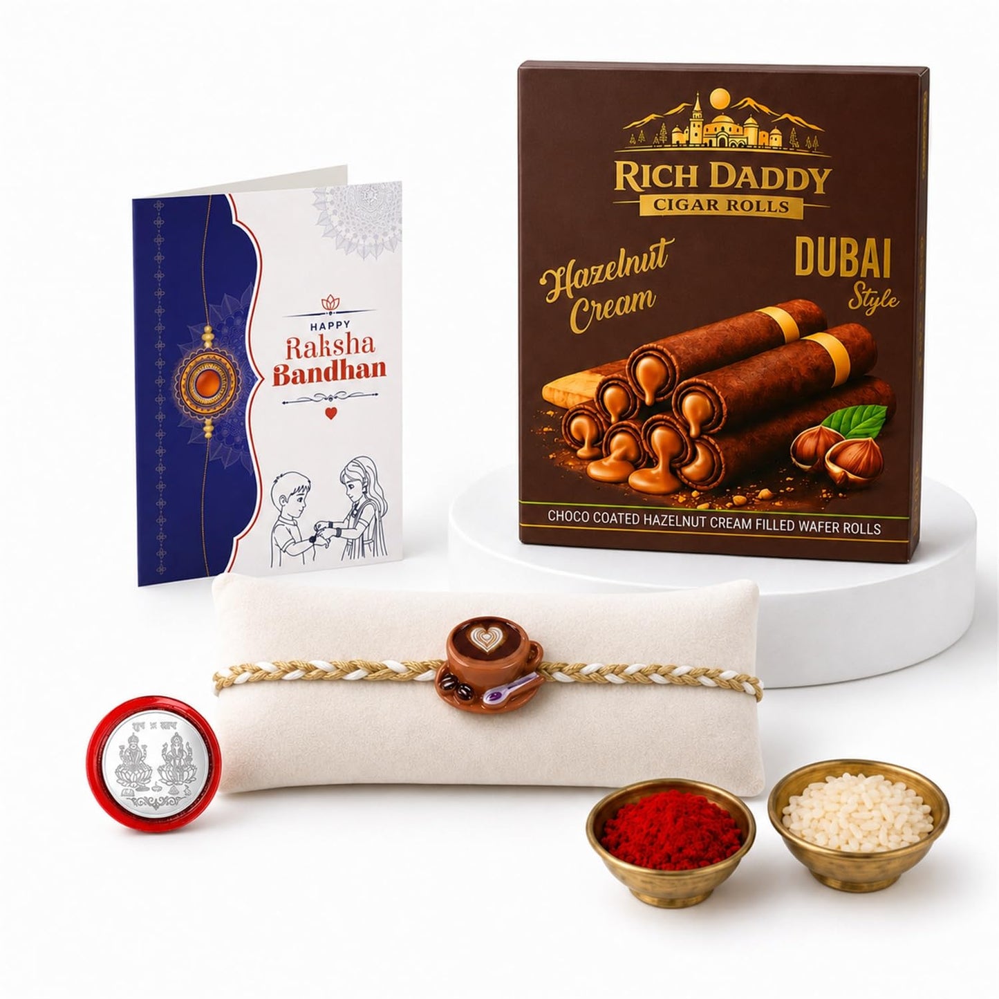 Coffee Cup Rakhi for Brother with Hazelnut Wafer Rolls, Coin & Card, Pack of 5