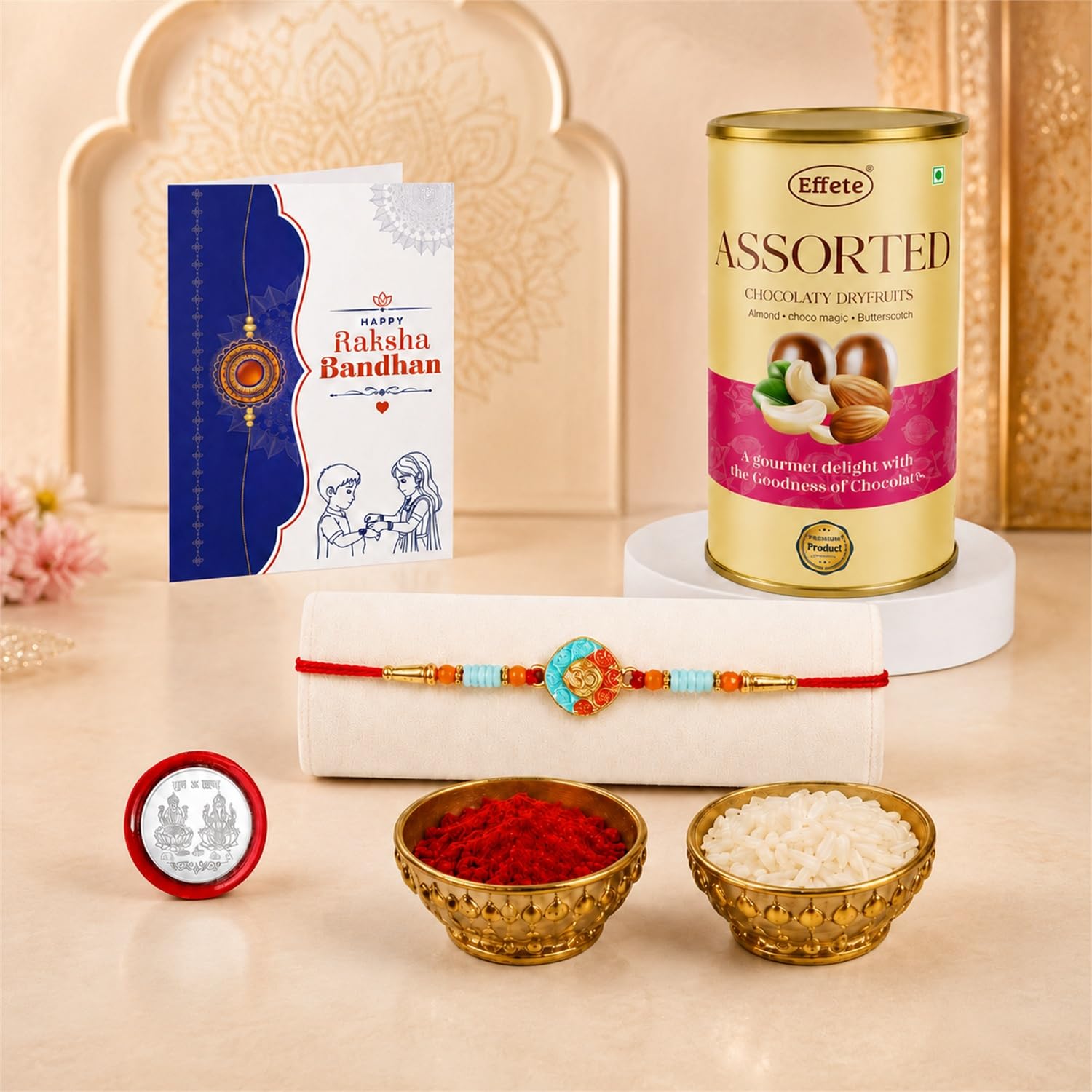 Round Om Rakhi for Brother with Emperor Chocolate, Roli Tikka & Card, Pack of 5