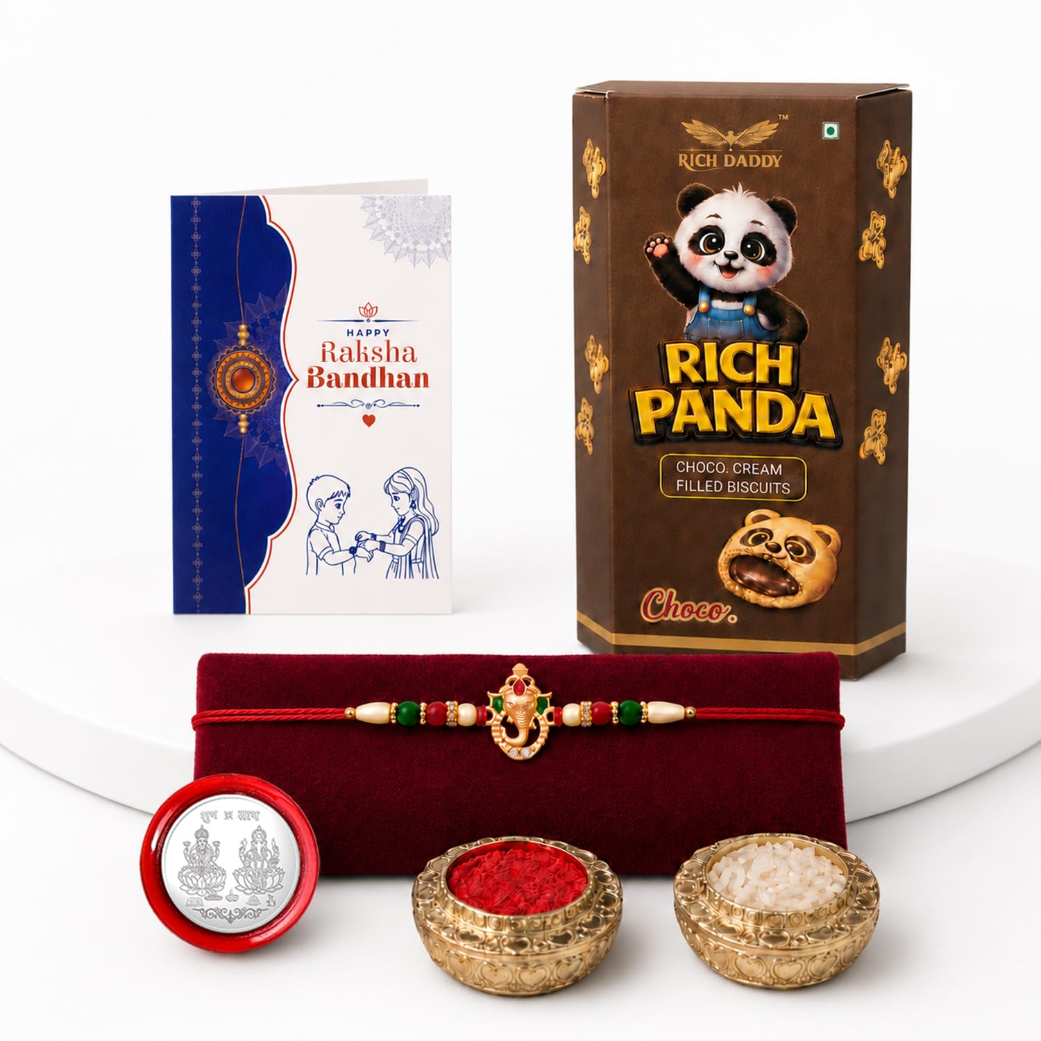 Ganesha Multicolor Rakhi – Choco Cream Filled Raksha Bandhan Gift Combo (Pack of 5)