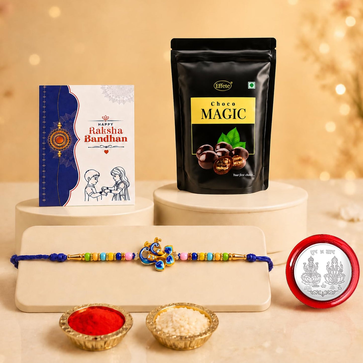Peacock Rakhi for Brother with Choco Magic Pouch, Roli Tikka & Card - Pack of 5