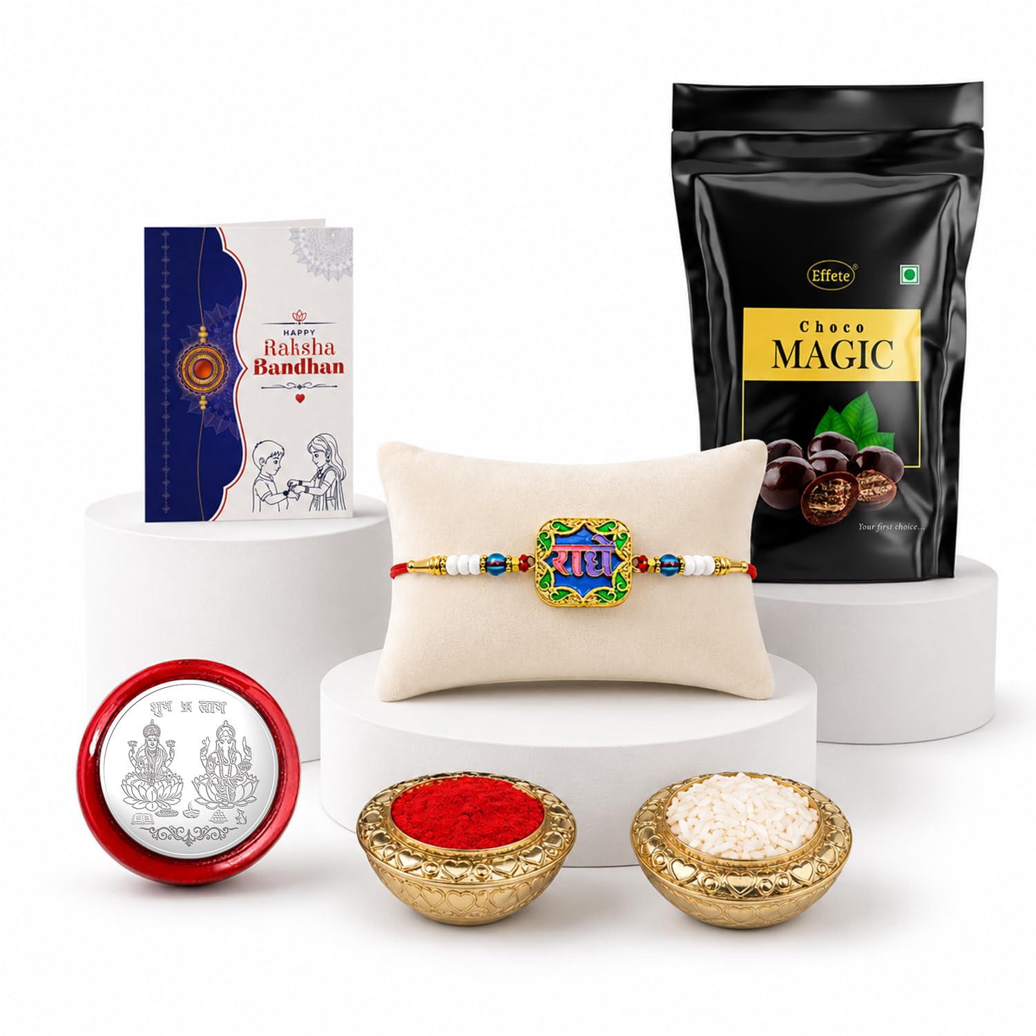Radhe Rakhi for Brother with Choco Magic Pouch, Roli Chawal & Card, Pack of 5