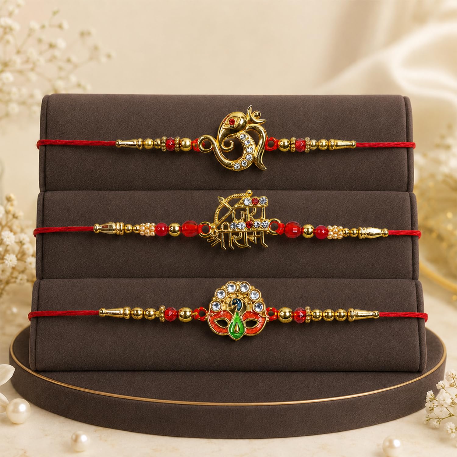 Ganesha Rakhi for Brother with Butter Scotch 32gm, Roli Tikka & Card, Pack of 7