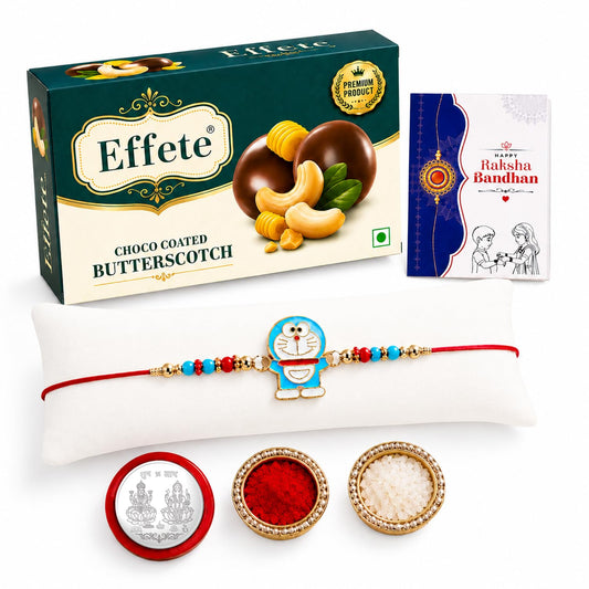 Doremon Rakhi for Brother with Butter Scotch 32gm, Roli Chawal & Card, Pack of 5