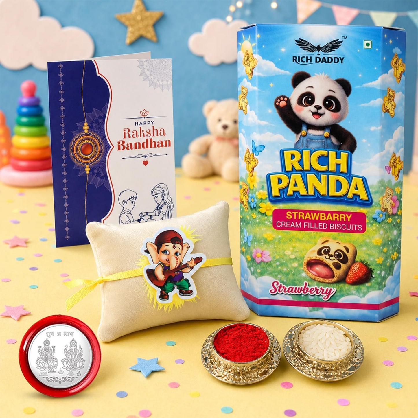 Kids Musical Ganesha Rakhi for Brother with Strawberry Biscuit 60gm, Pack of 5