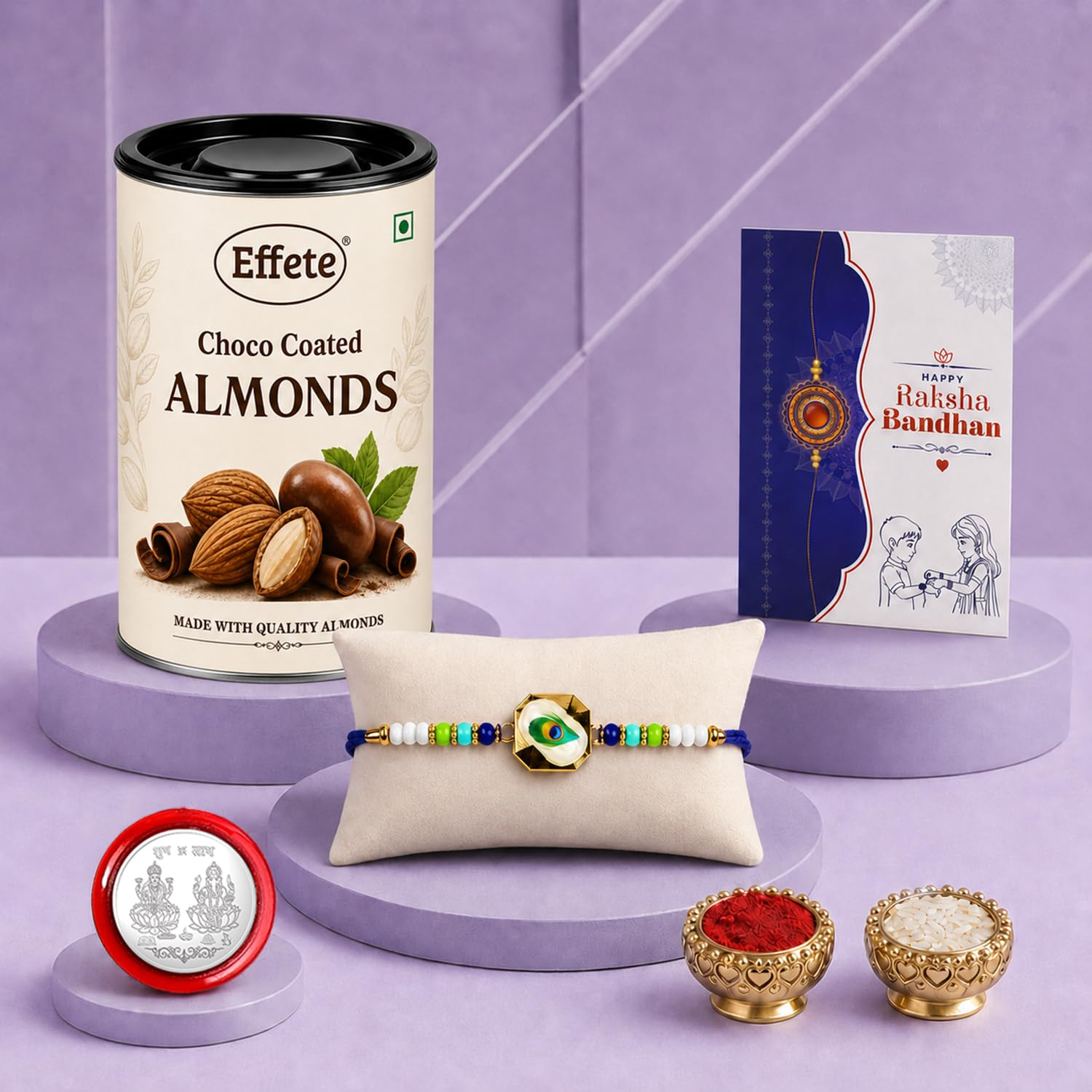 Peacock Rakhi for Brother with Choco Almonds 96gm, Roli Tikka & Card - Pack of 5
