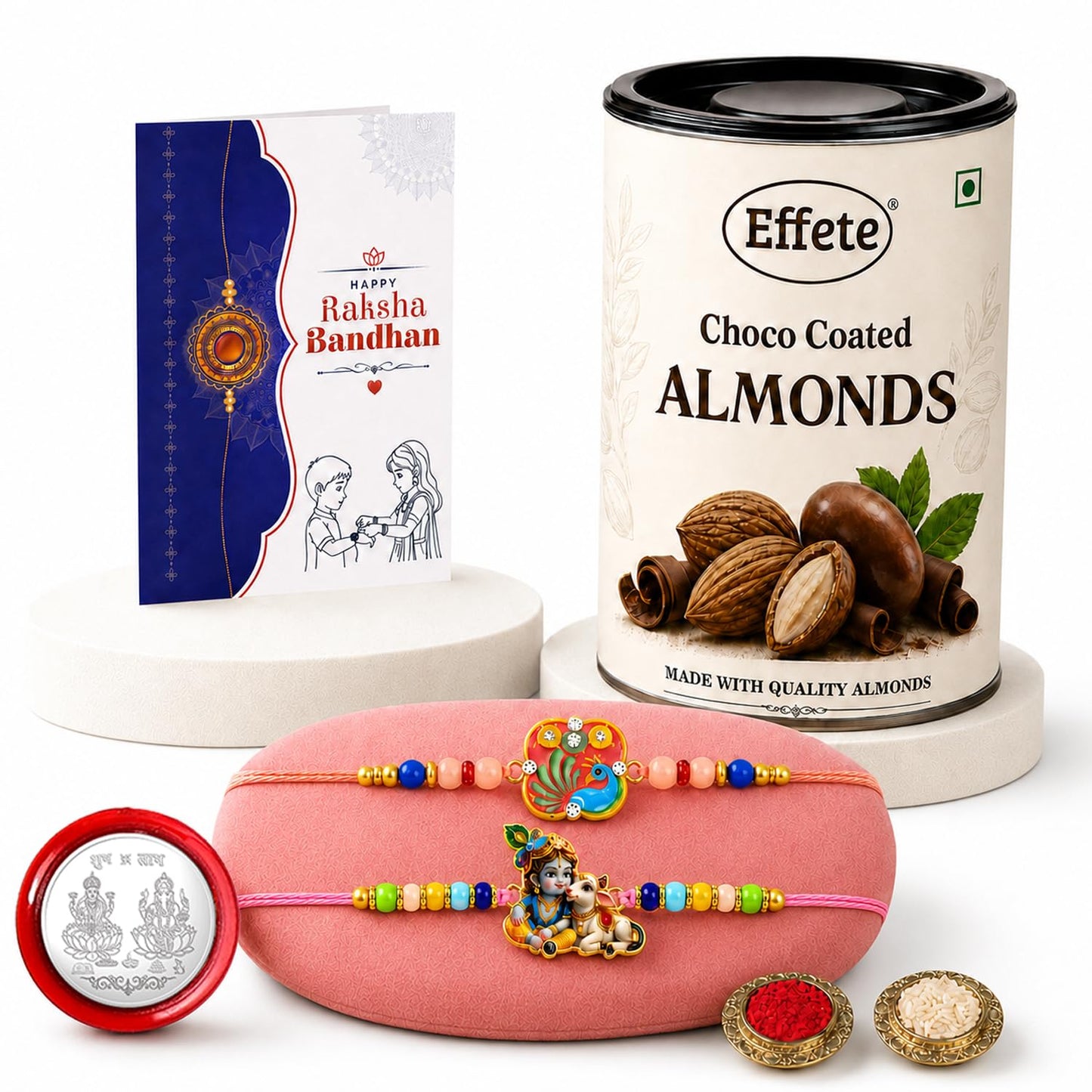 Peacock, Krishna Rakhi Combo - Raksha Bandhan Gift with Choco Almonds 96gm, Pack of 6