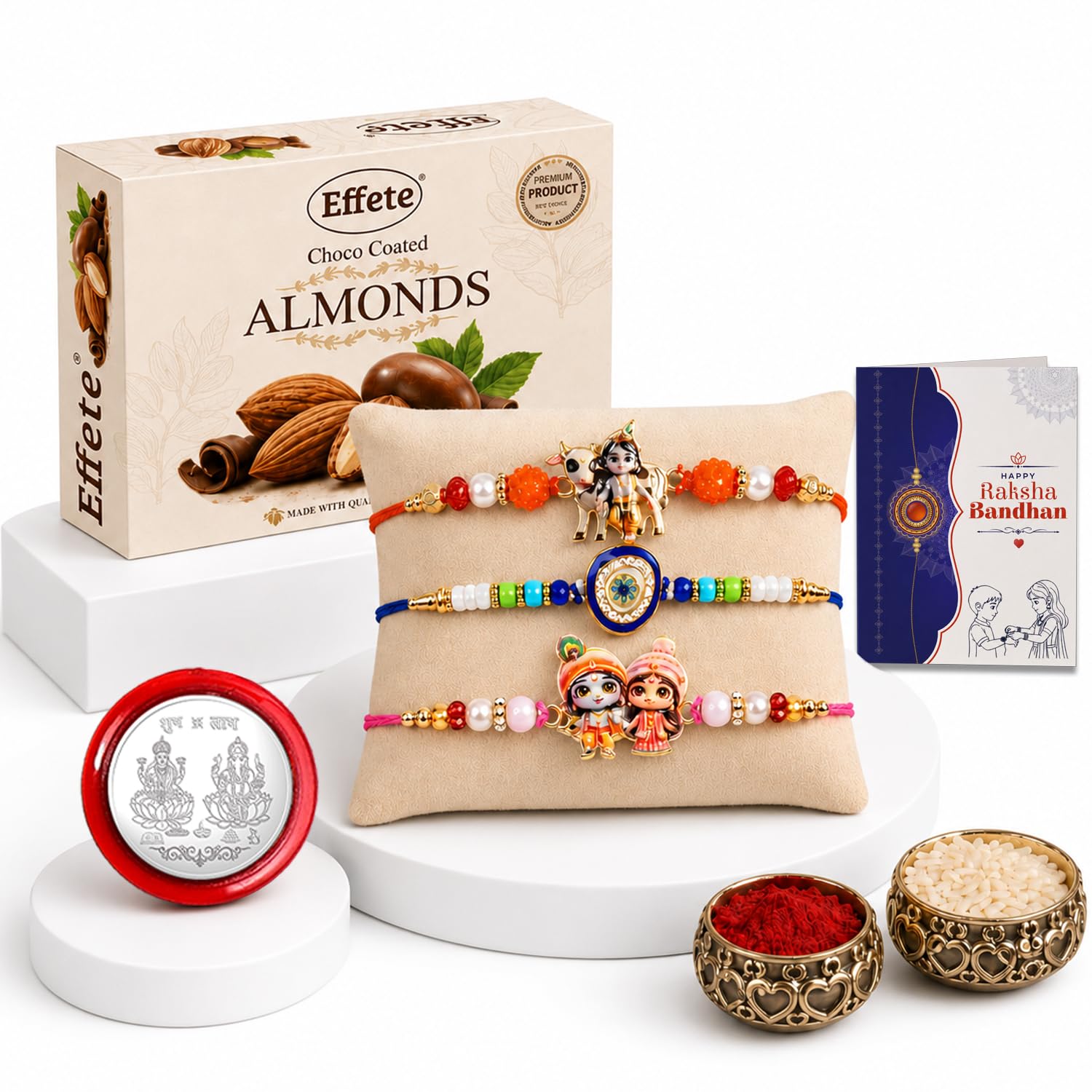 Krishna Cow, Evil Eye Rakhi Combo - Raksha Bandhan Gift with Choco Almonds 32gm, Pack of 7