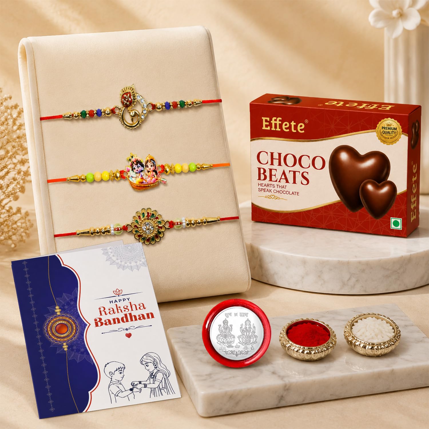 Leaf charm Rakhi for Brother with Choco Beats 32gm, Roli Tikka & Card, Pack of 7